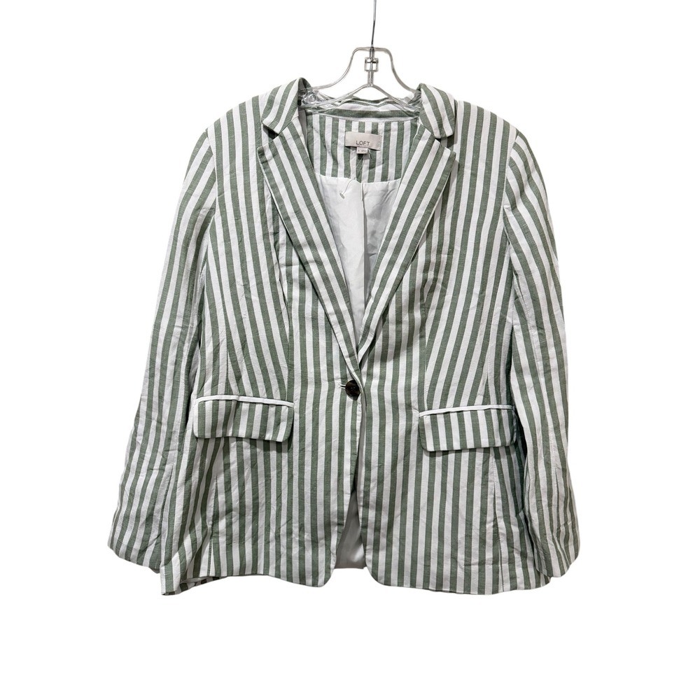 LOFT Womens Green White Striped Linen Blend Blazer Jacket Size 4 Single Button